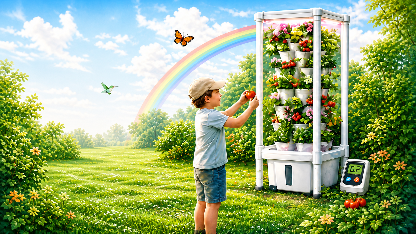 A child picking a tomato from a vertical hydroponic tower in a sunny garden