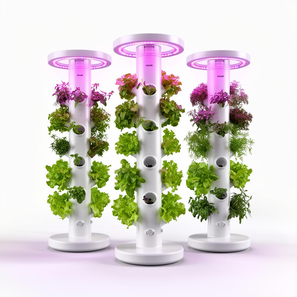 Three white vertical hydroponic towers full of vegetables