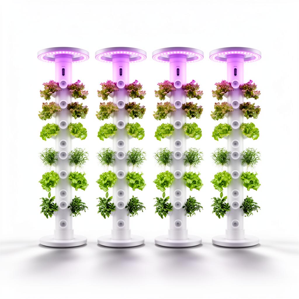 Cluster of vertical hydroponic towers with abundant produce