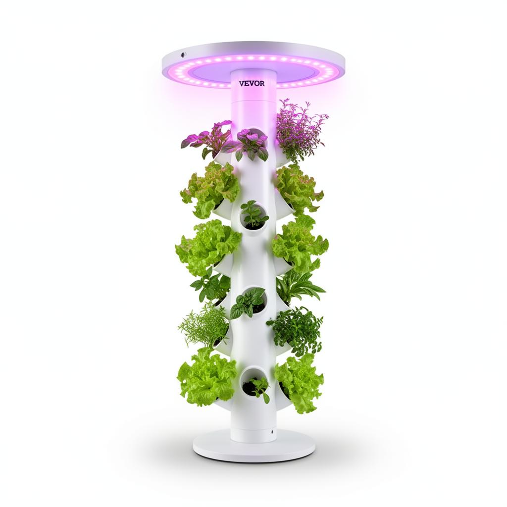 Single white vertical hydroponic tower with strawberries and lettuce